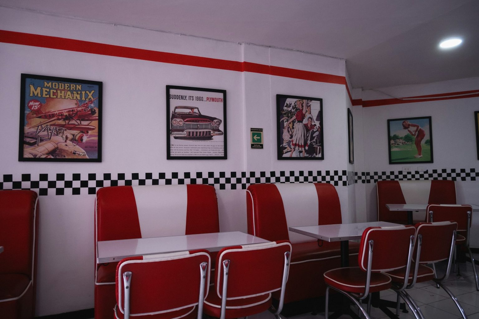 Red and white retro diner booths